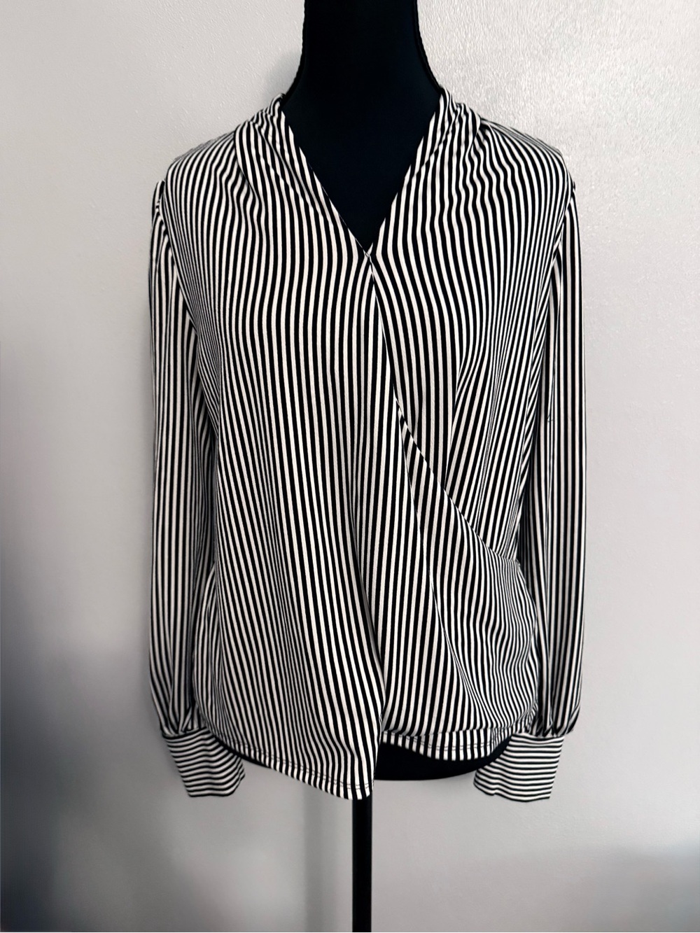 Adrianna Papell Black & White Vertical Stripe Wrap Blouse